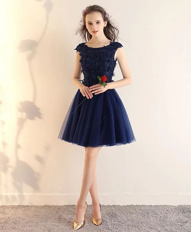 Dark Blue Lace Tulle Short Prom Dress, Blue Short Bridesmaid Dress