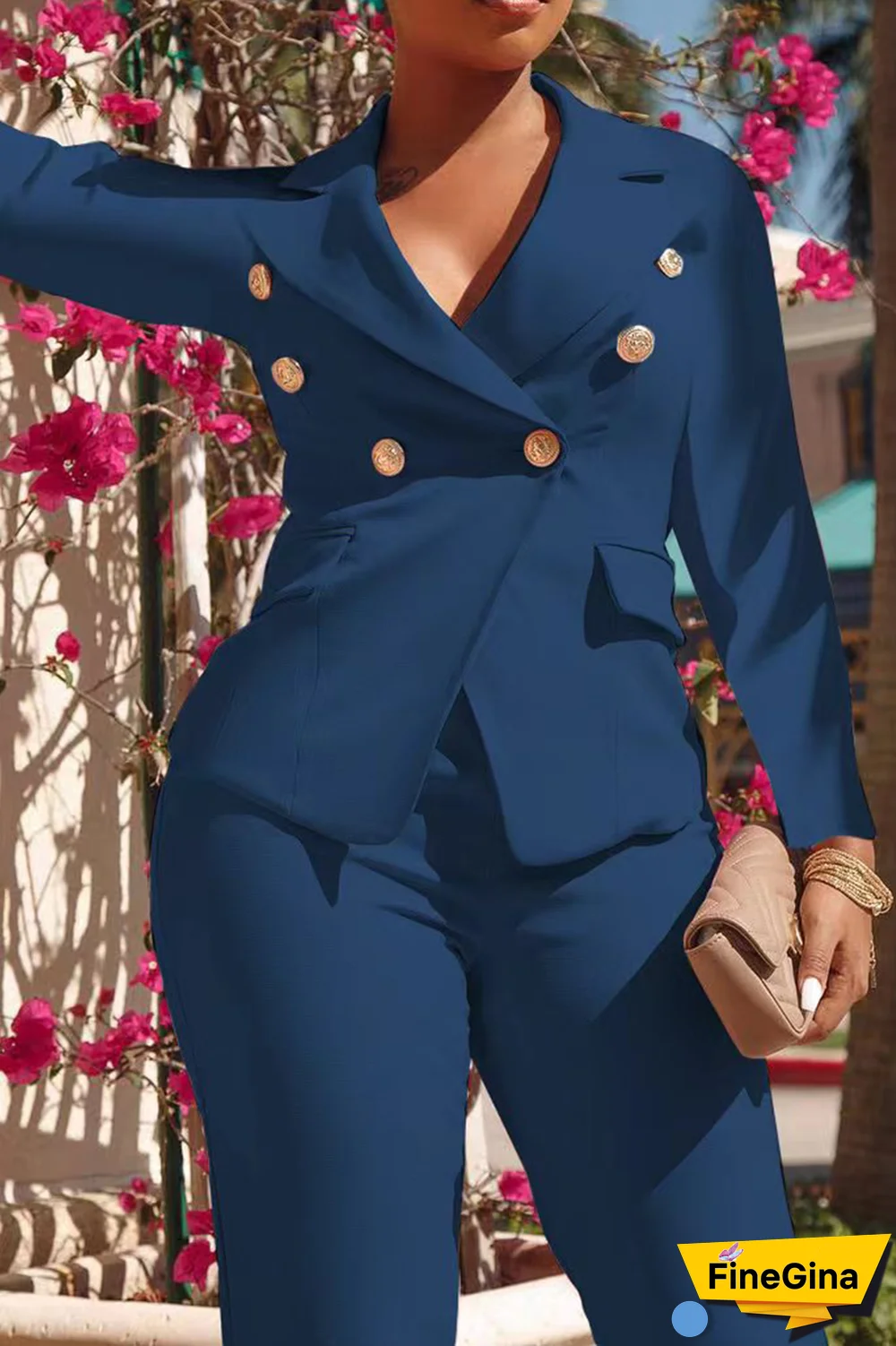 Pink Fashion Solid Buckle Turndown Collar Long Sleeve Two Pieces