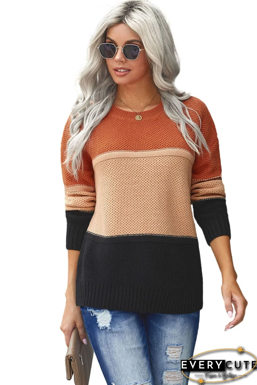 Orange Color Block Netted Texture Pullover Sweater