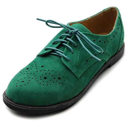 Green Suede Women's Oxfords Lace up Comfortable Flats |FSJ Shoes