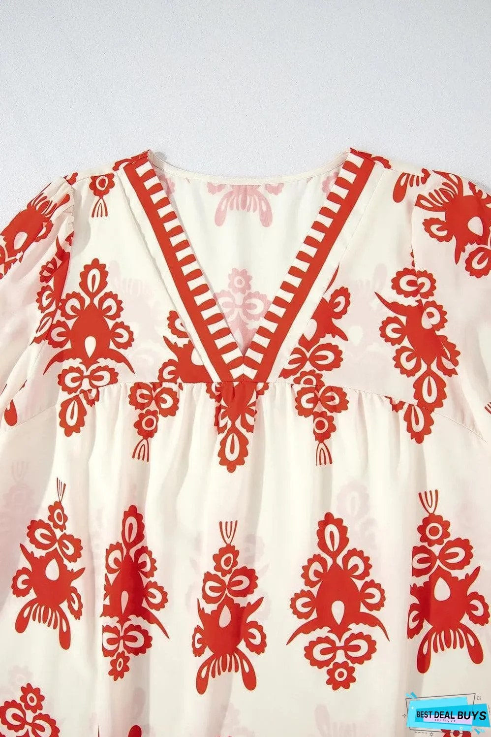 Orange Vintage Geometric Printed 3/4 Sleeve V Neck Blouse