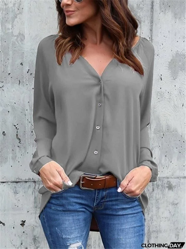 Relaxed Fit V Neck Solid Color Long Sleeve Button Up Chiffon Blouse