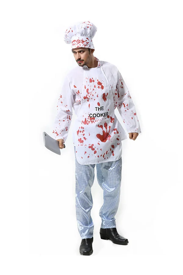 Men Halloween Cosplay Fancy Bloody Zombie Chef Costume Silvery-elleschic