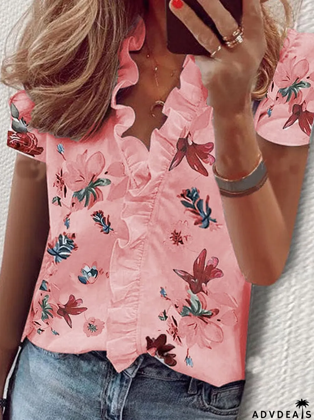 Women's Floral Print Ruffle Short Sleeve Shirt