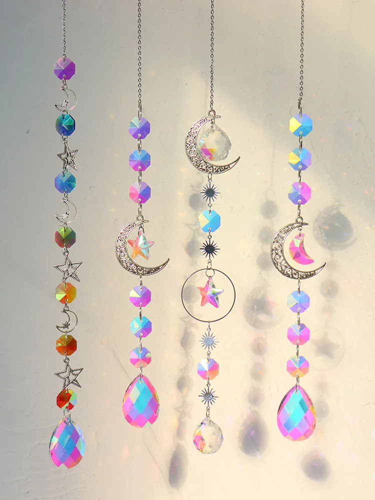 Crystal Windchime Ornament Hexagonal Feather Butterfly Hanging Wall Pendant