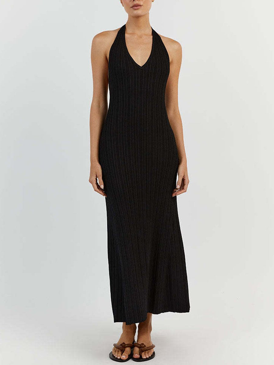 Hanging Neck V Neck Bare Back Midi Dress