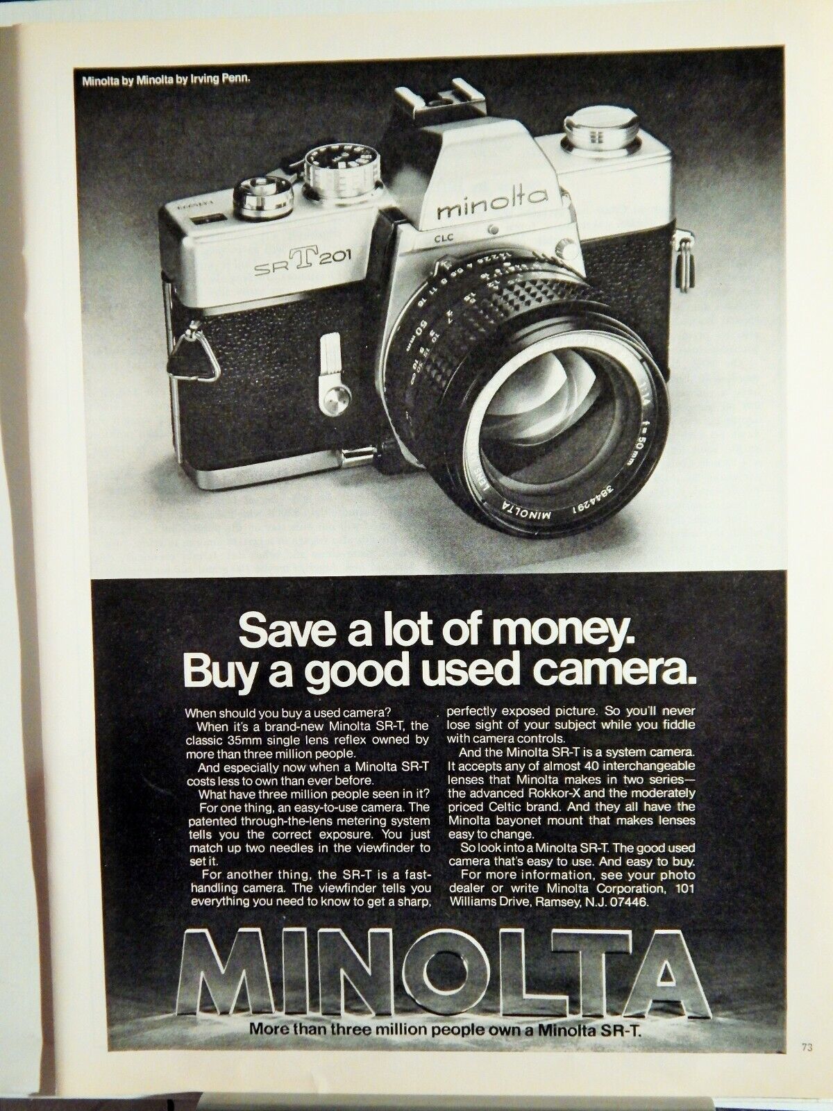 MINOLTA SRT 201 SLR CAMERA ORIG. VTG 1977 Photo Poster painting AD,