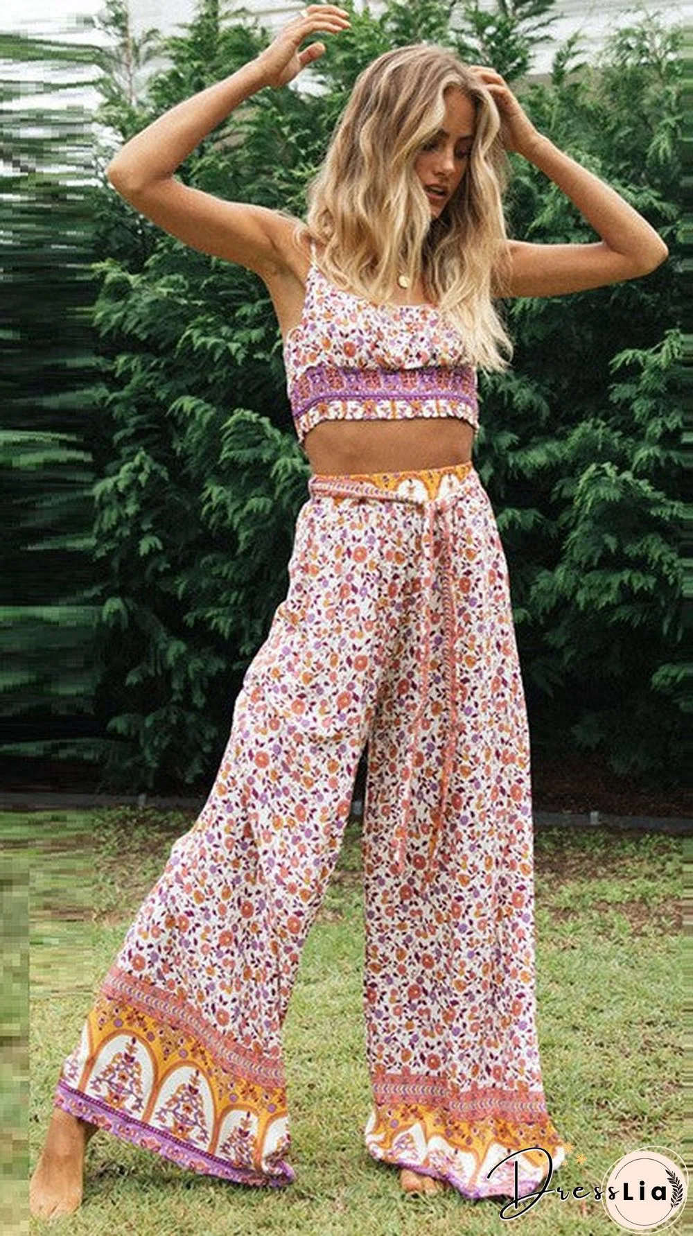 Purple Floral Crop Top and Pants Matching Sets