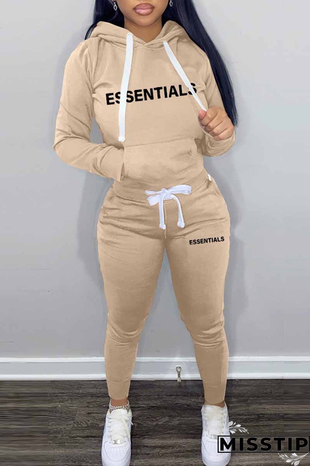 Khaki Elegant Print Letter Hooded Collar Long Sleeve Two Pieces