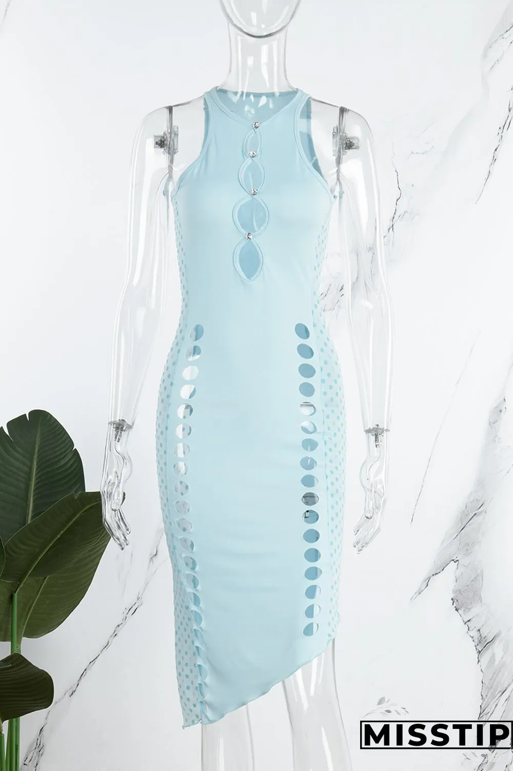 Blue Sexy Solid Hollowed Out O Neck Sleeveless Dress Dresses