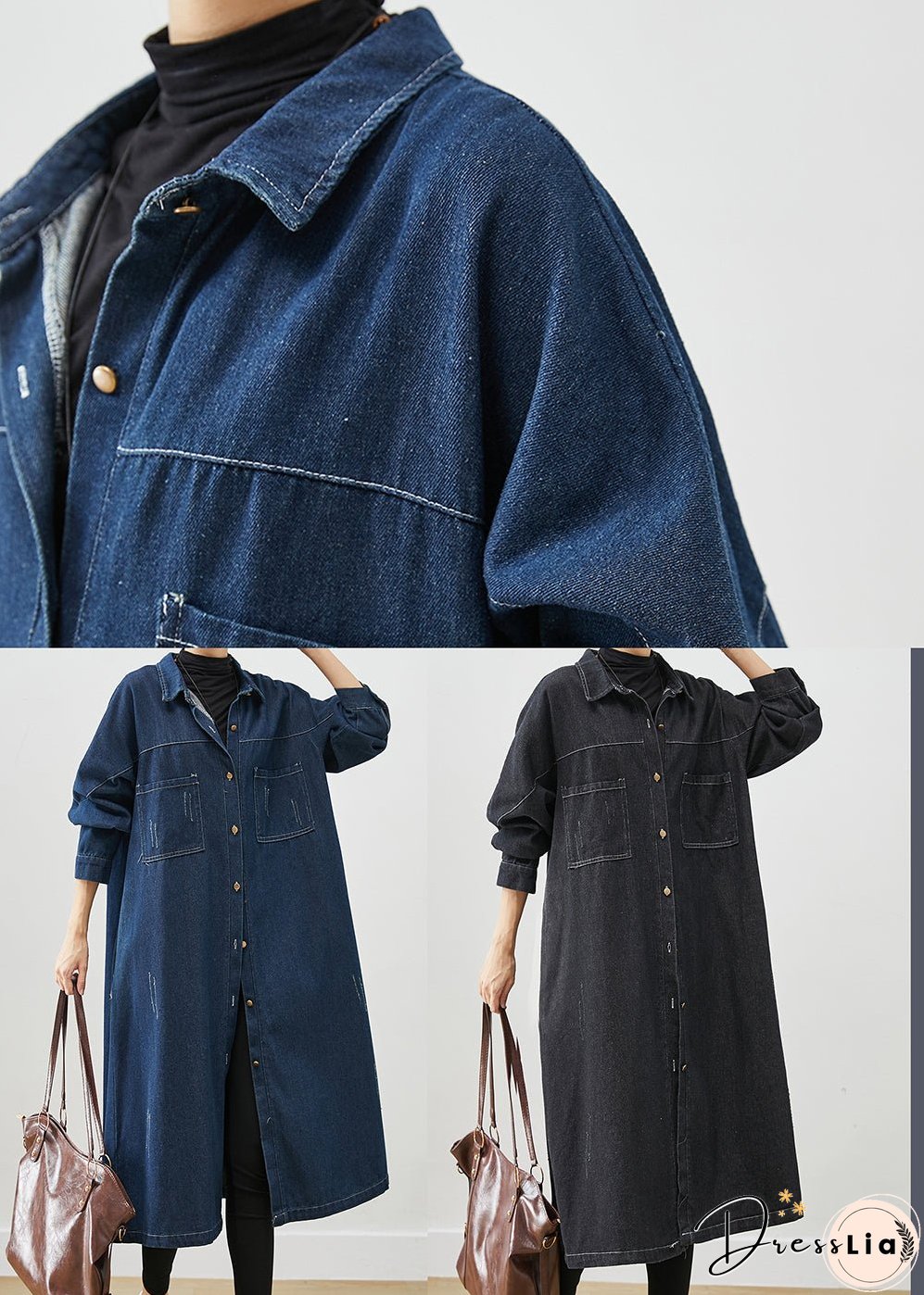 Plus Size Black Oversized Pockets Cotton Coats Fall