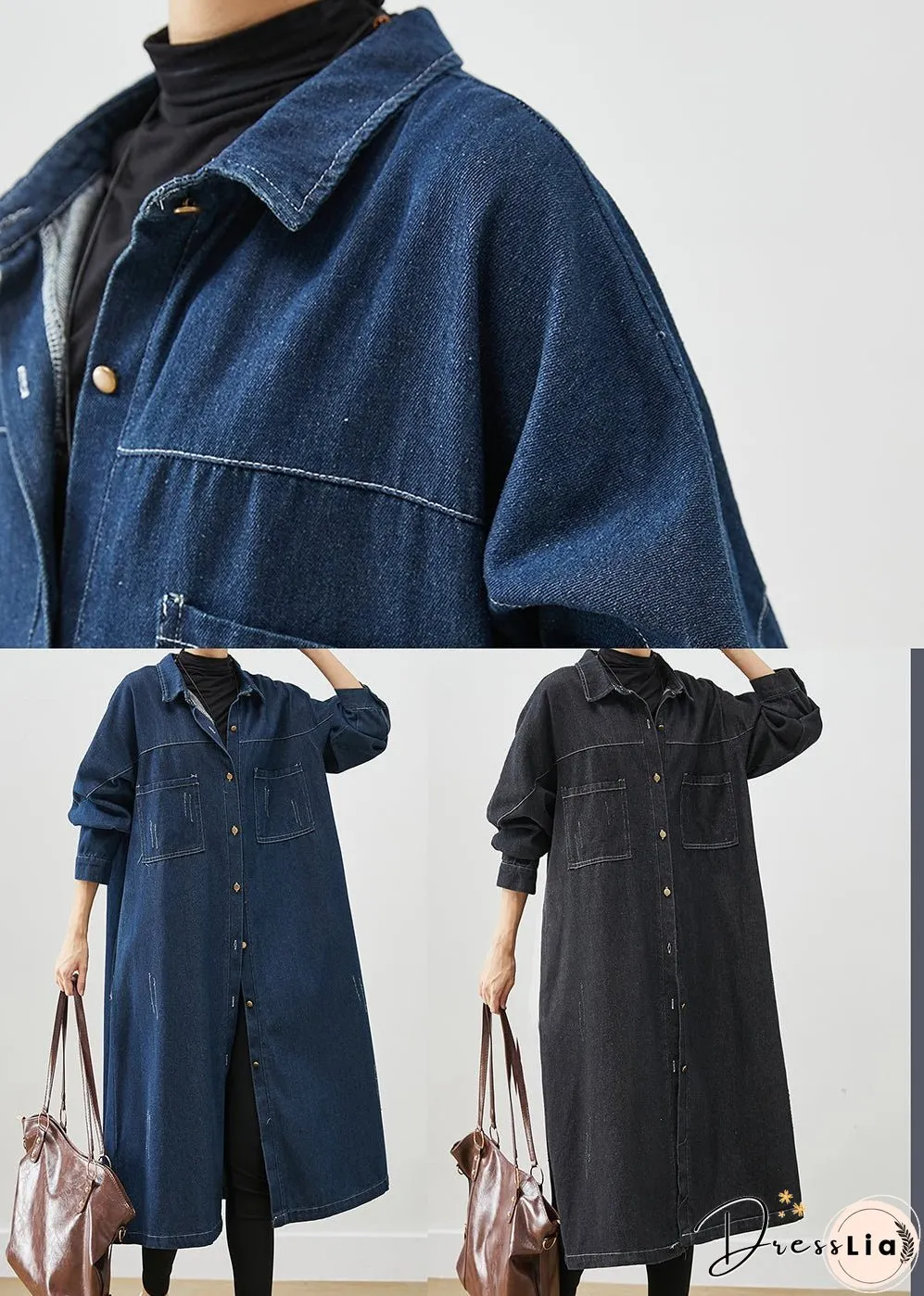 Plus Size Black Oversized Pockets Cotton Coats Fall