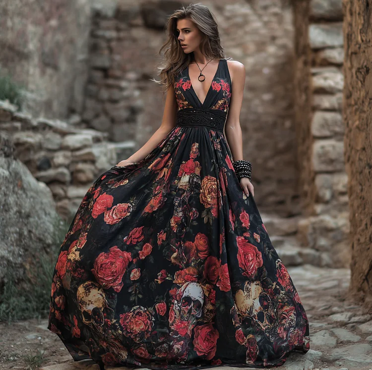 Halloween Theme Rose And Skull Pattern Women's V-neck Long Dress