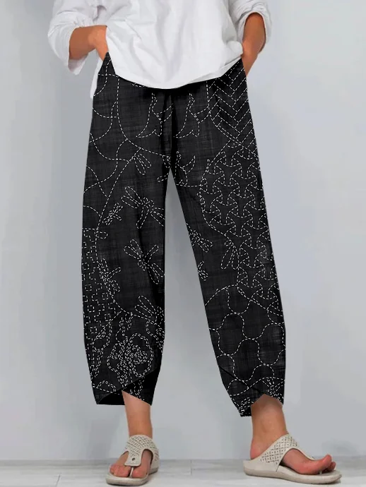 Vintage Japanese Sashiko Art Linen Blend Cropped Casual Pants