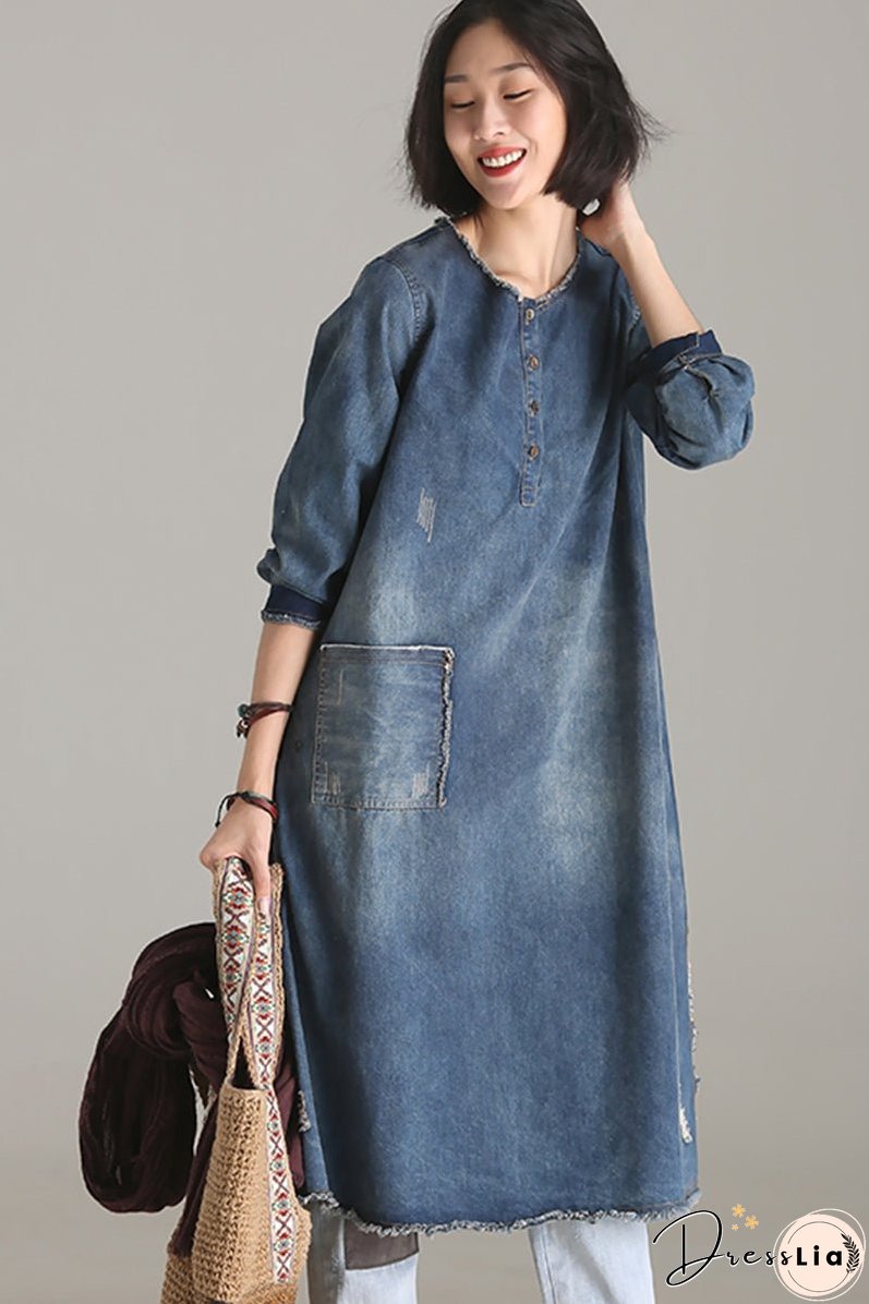 Vintage Casual Blue Denim Dresses Women Clothes
