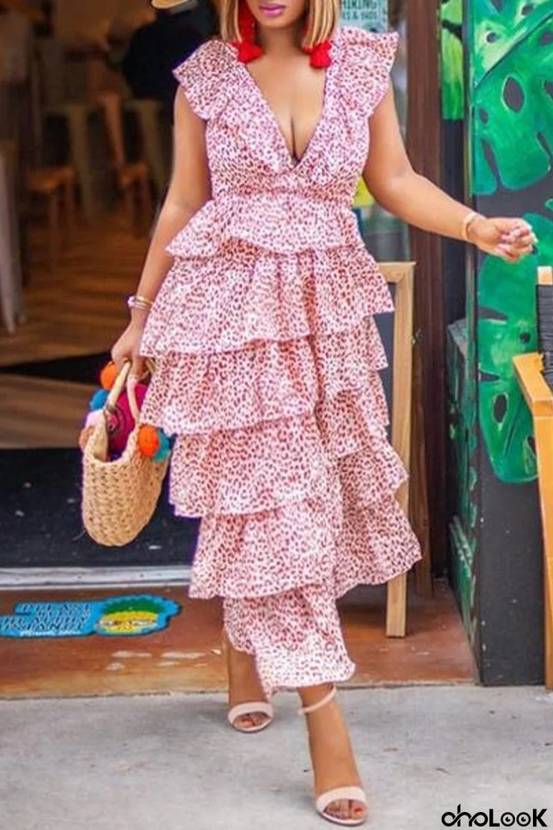 Sexy Vacation Print Patchwork V Neck Cake Skirt Dresses