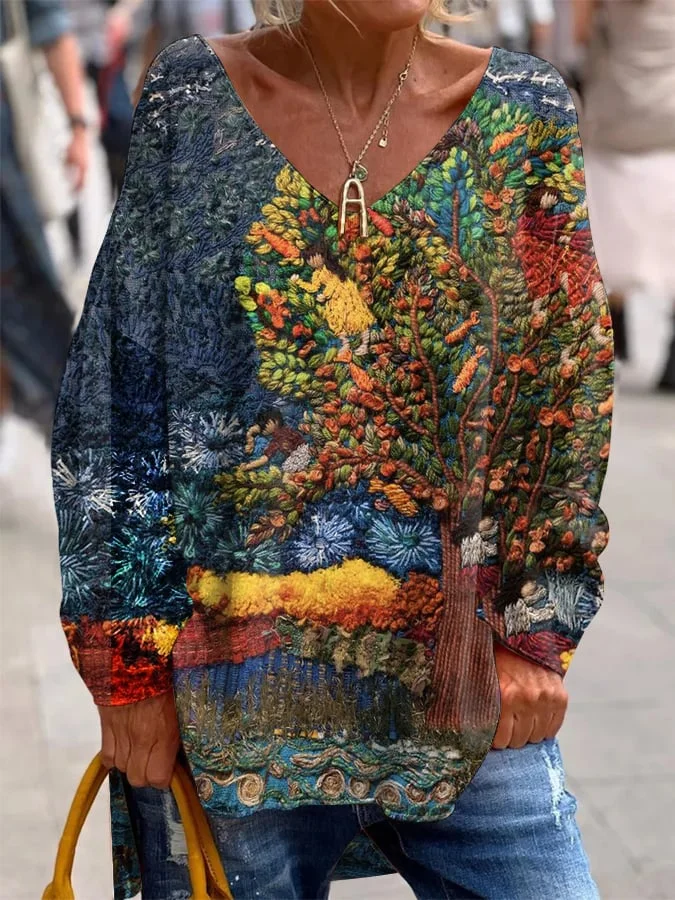 Women's Landscape Printed French Cashmere V-Neck Top