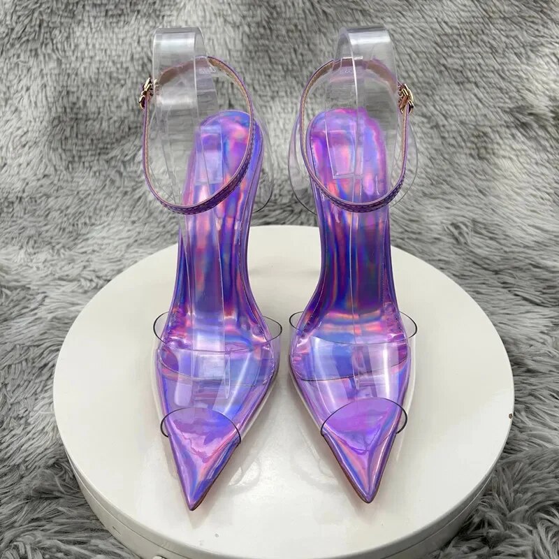 VCshoes Laser Purple Women Sandals PVC Pointed Toe Shoes Slingback Shoes Thin Heels Party Ankle Buckle Ladies LX025