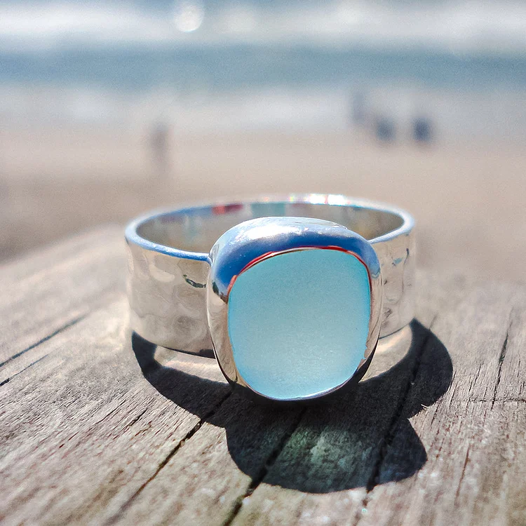 S925 Thalassophile Irregular Sea Glass Wide Band Ring