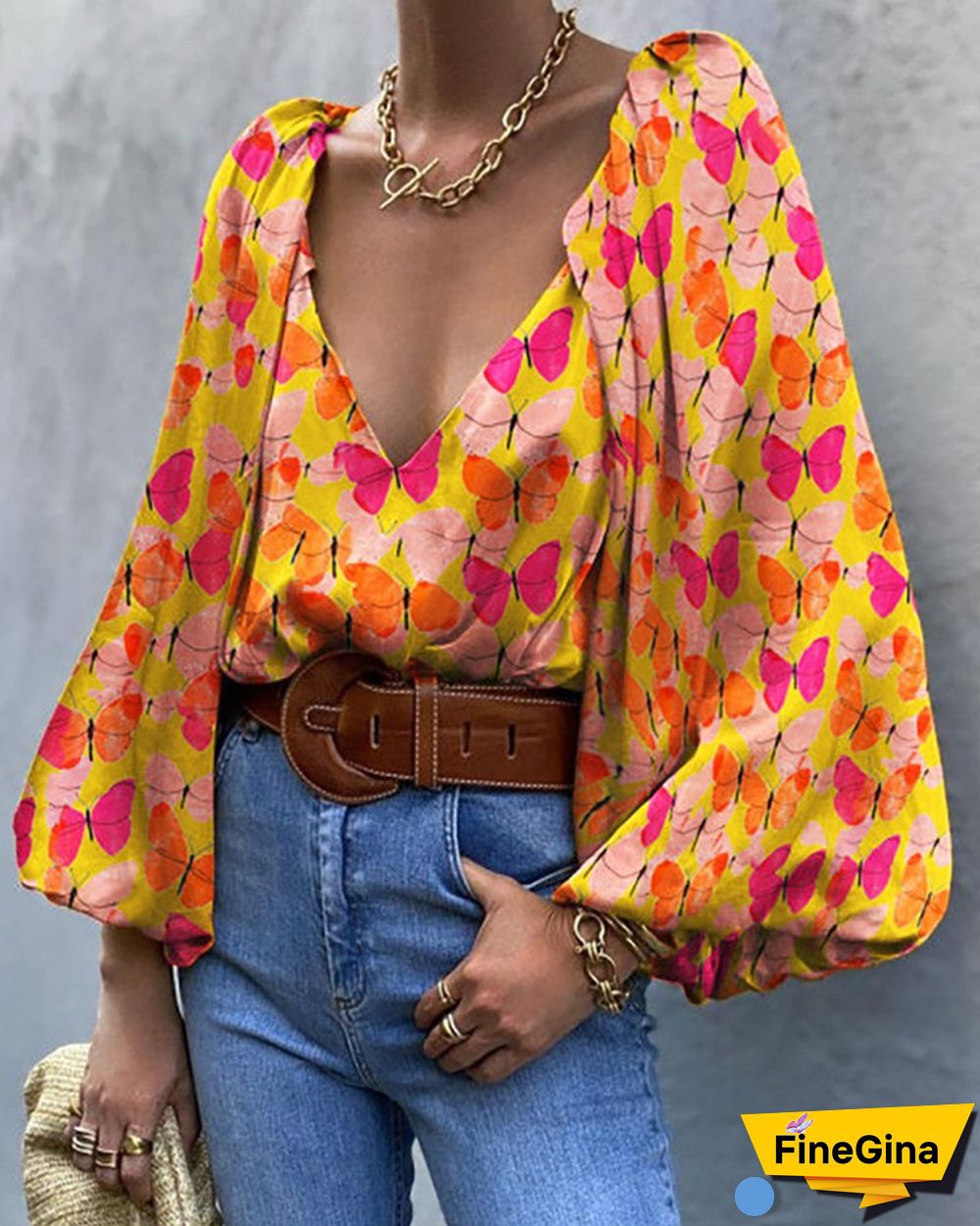 Butterfly Print Puff Lantern Sleeve Top