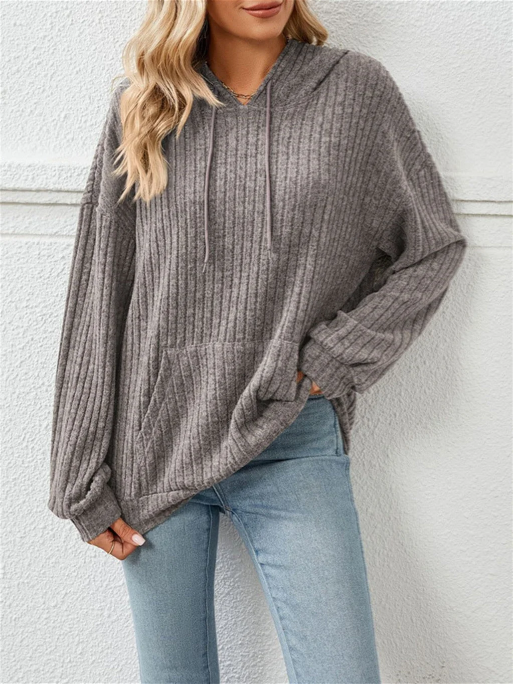 Women plus size clothing Women's Pocket Solid Color Stitching V-neck Long Sleeve Sweater Top-Nordswear