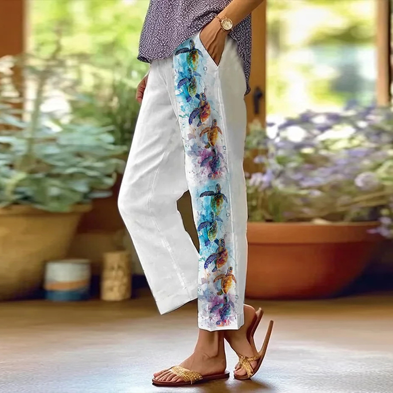 Turtle Print Linen Blend Casual Pants