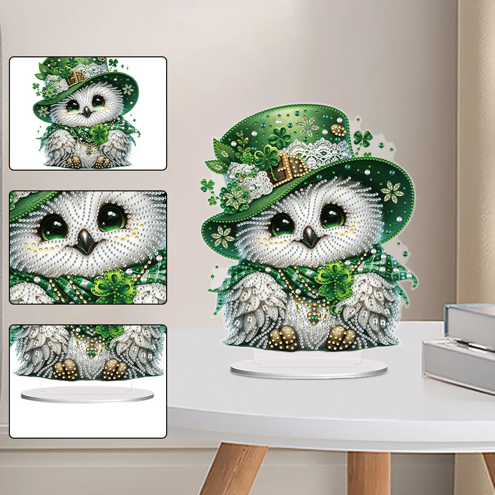 DIY Acrylic St. Patricks Day Owl Special Shape Diamond Painting Tabletop Ornament Creative Home Decor & Gift Idea for Adults - Relaxing Craft Activity