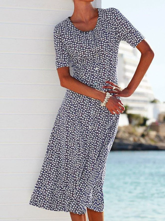 Floral Midi Dress Plus Size Summer Crew Neck Dresses | EGEMISS