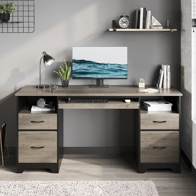 Bestier 59&rdquo; Computer Desk with File Drawer and Storage Cabinet, Industrial Home Office Desk with Keyboard Tray, Writing Desk with 2 Open Compartments