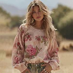 Women's Vintage Pink Rose Print  Linen Blend T-shirt - Image 2