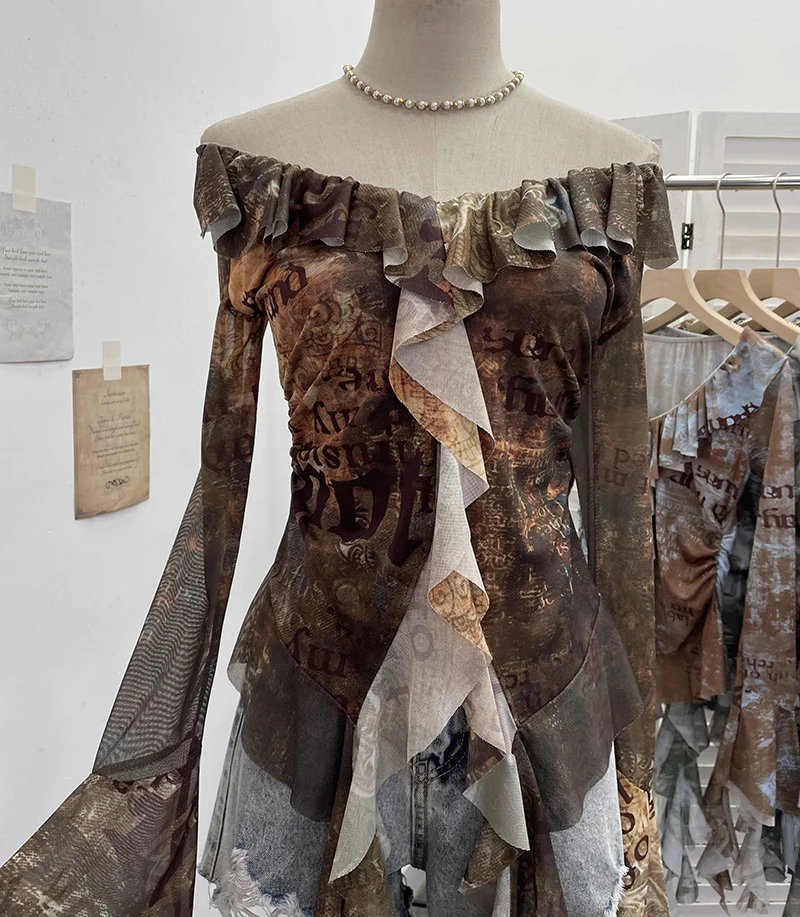 Nigikala Nigikala Shooting Retro Shoulder Tie-Dye Net Horn Long-Sleeved T-Shirt Irregular Lotus Leaf Side Ribbon Y2k Top 8012