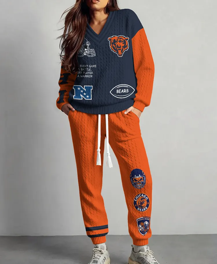 Chicago Bears  Classic All-Season Long Sleeve V-Neck Pullover Sweater & Pants Set