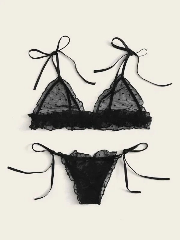 Uveng Hot Lingerie Sexy Women's Net Yarn Perspective Three-Point Lingerie Set