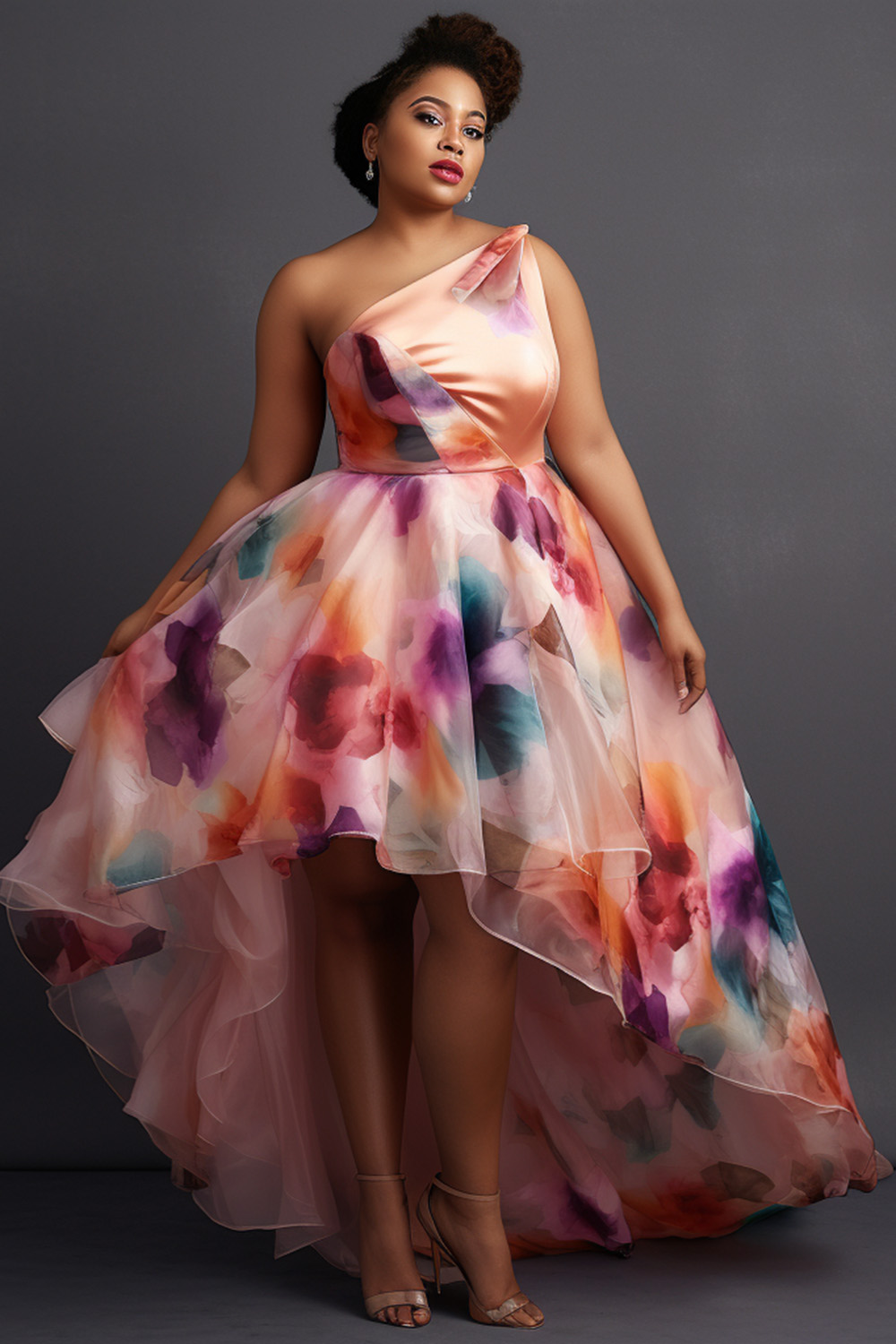 Design Plus Size Semi Formal Elegant Pink Floral Oblique Collar One Shoulder Irregular Hem Tulle Maxi Dresses [Pre-Order]