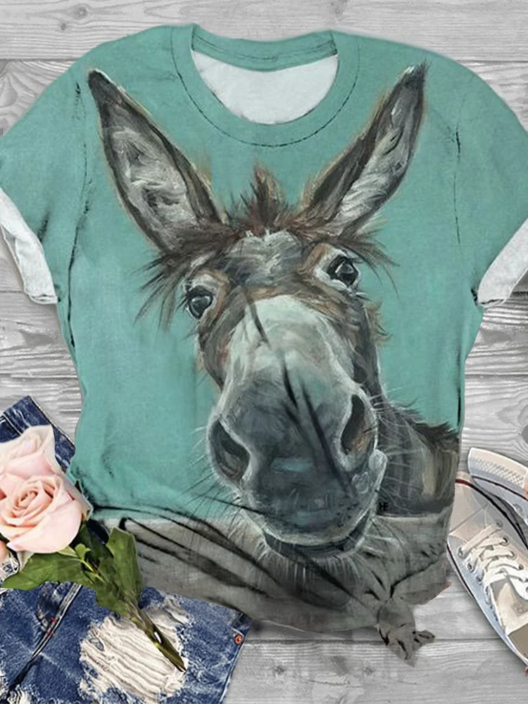 Bestdealfriday Plus Size Cotton Blend Animal Crew Neck Short Sleeve Shirts Tops 8818295