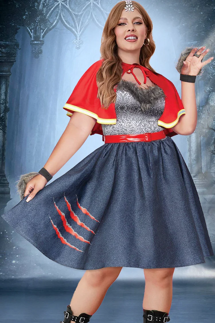 Xpluswear Design Plus Size Halloween Dress Red Feather Shawl Patchwork Mini Dress