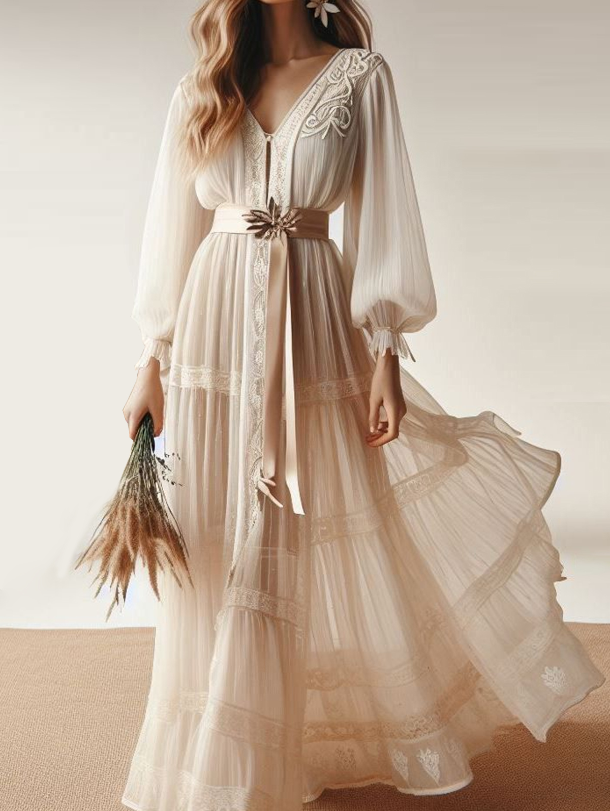 Elegant V Neck Lantern Sleeve Tiered Maxi Dress