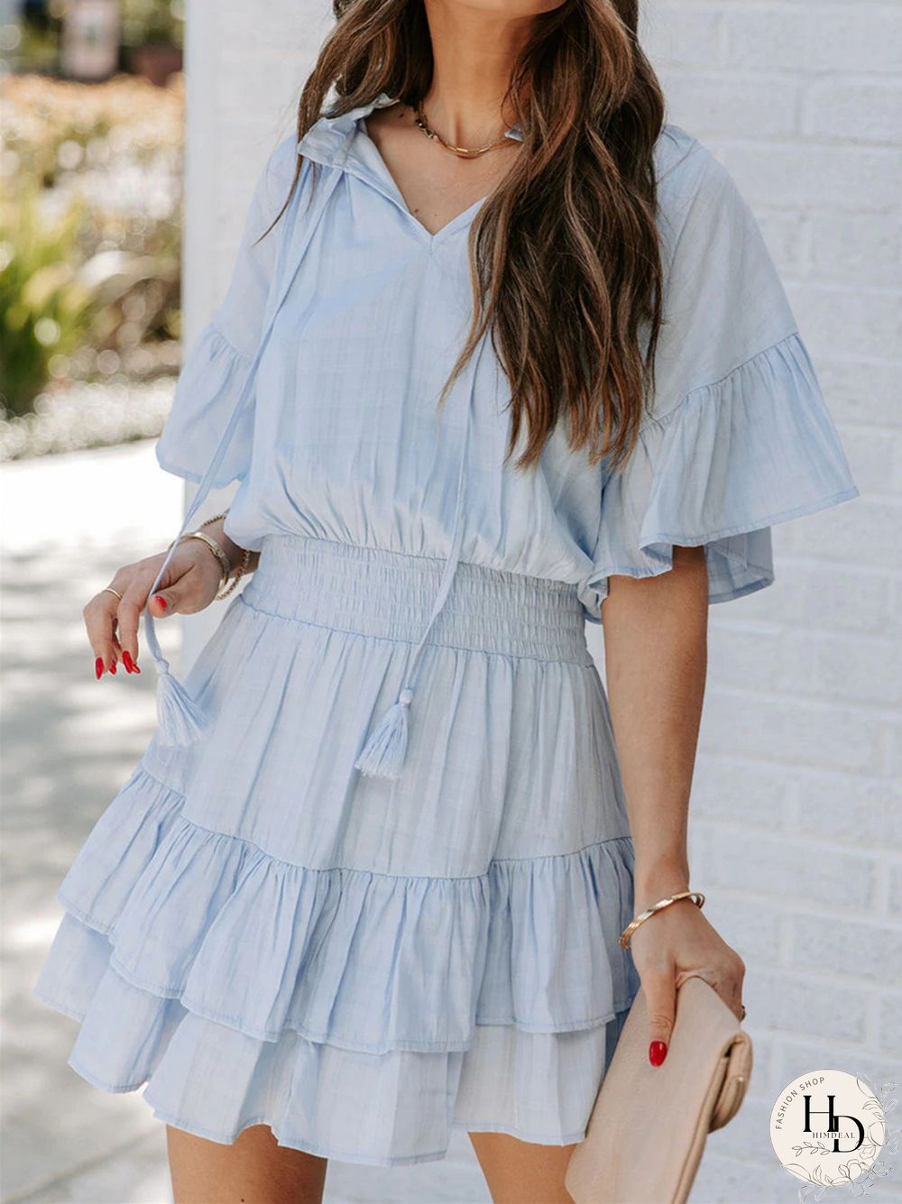 Solid Color Short Sleeve Dress with Ruffled V-neck