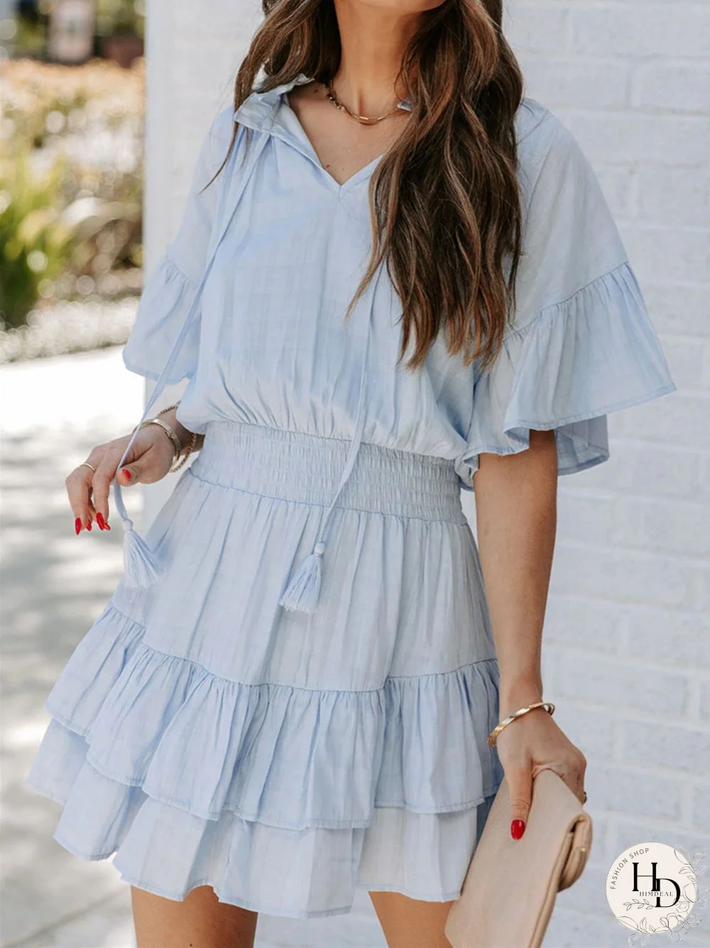 Solid Color Short Sleeve Dress with Ruffled V-neck