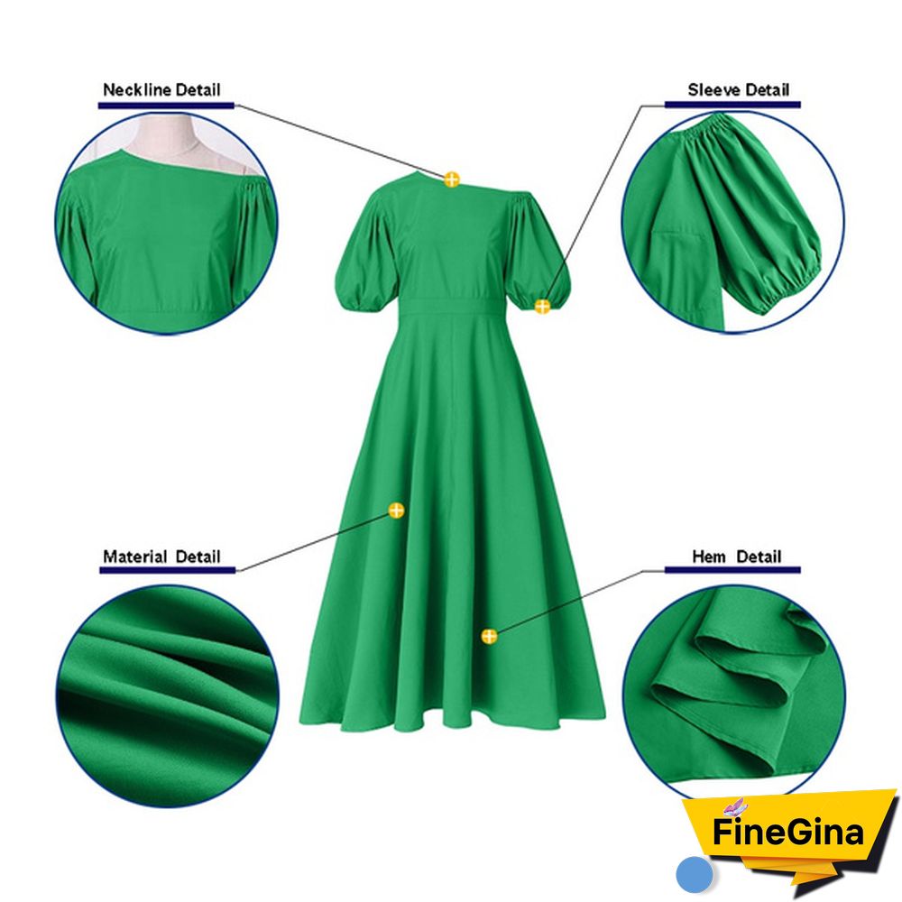 Women Puff Sleeve High Waist Diagonal Shoulder Dress Solid Baggy Swing Dress Maxi Prom Dress