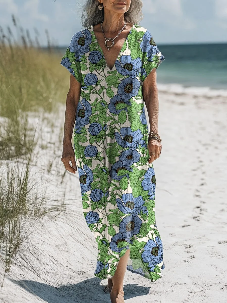 Women's  Floral  Art Print Pocket Cotton Dress