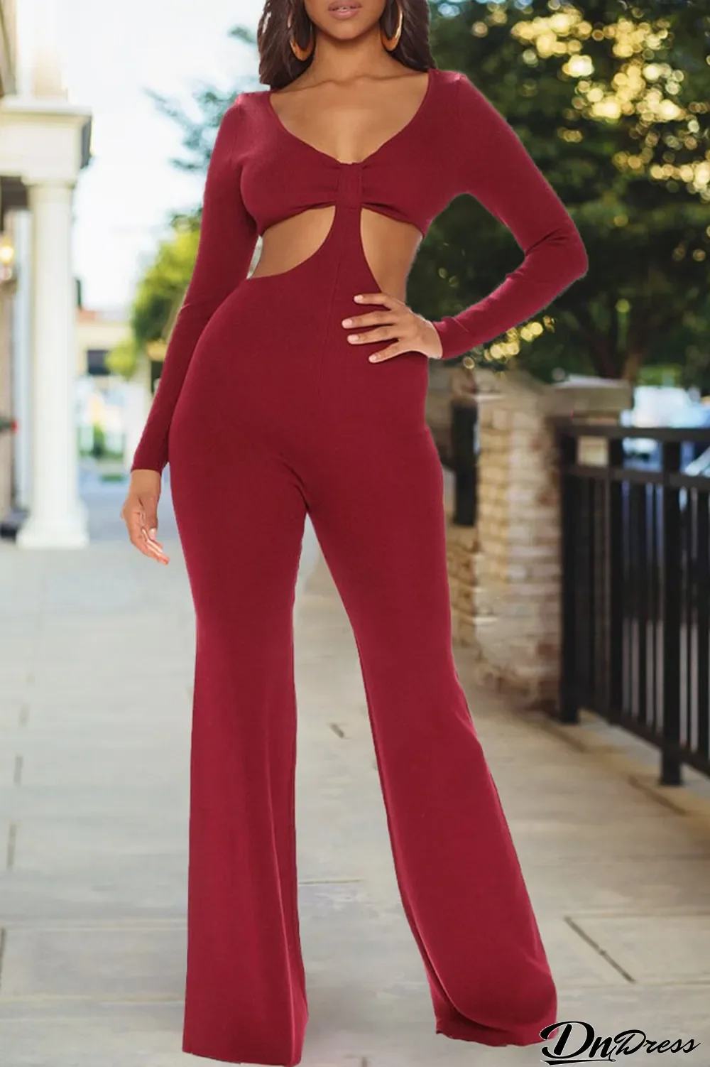 Burgundy Sexy Solid Hollowed Out Split Joint V Neck Regular Jumpsuits