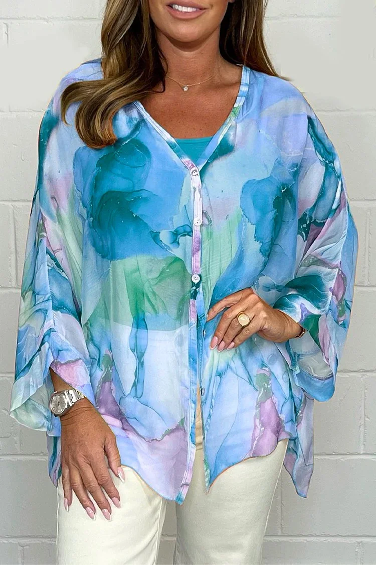 Women's summer floral sfumato print chiffon shirt socialshop