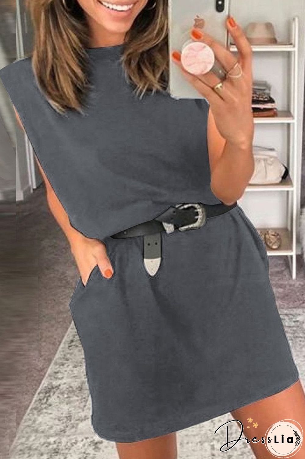 Solid Sleeveless Pocket Mini Dress(Without Belt)