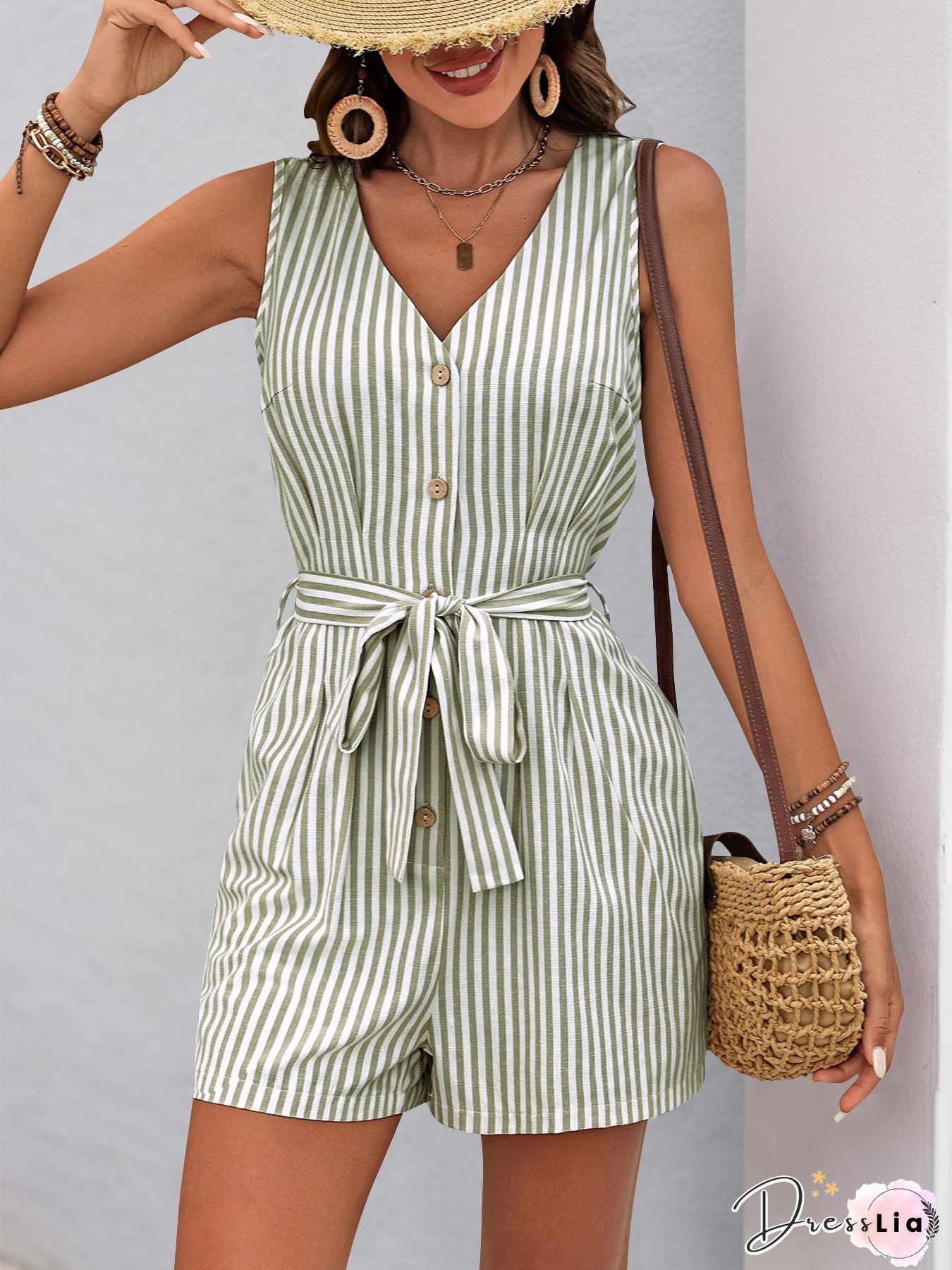 Sleeveless Round Neck Stripy Romper P14842