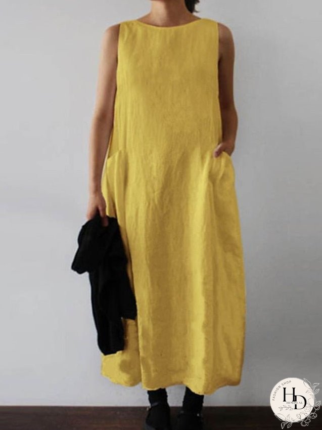 Cotton Linen Dress Maxi long Dress Cotton Blend Casual Comfort Home Daily Crew Neck Pocket Sleeveless Summer Spring Loose Fit White Yellow Fuchsia Pure Color S M L XL 2XL for Women