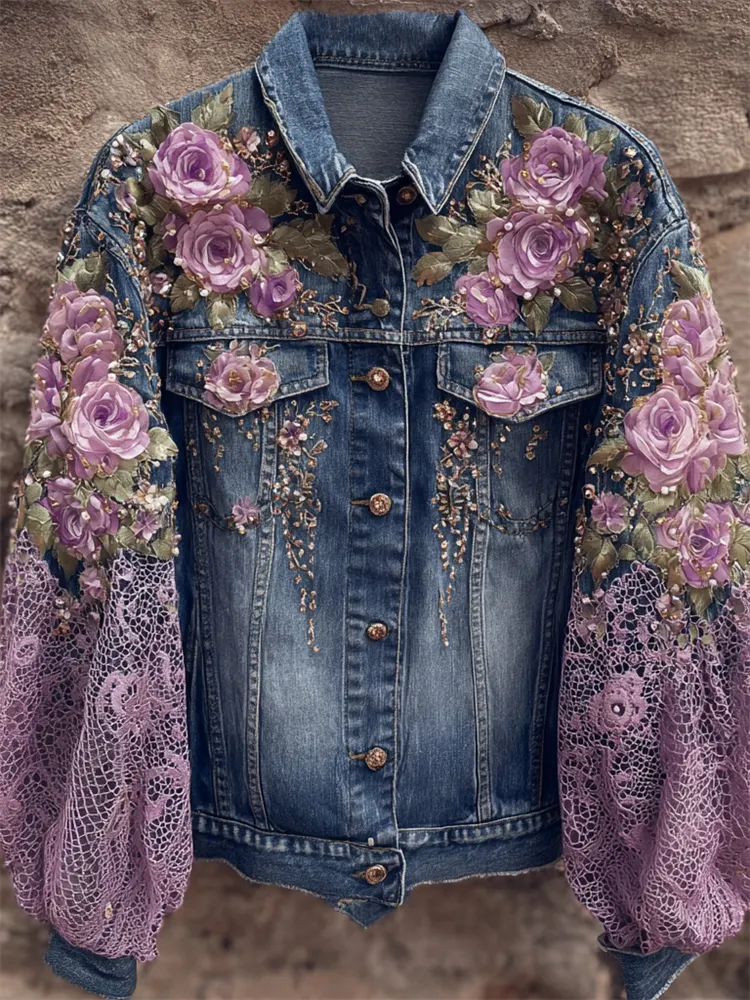 Elegant Purple Roses Glitter Patchwork Denim Jacket