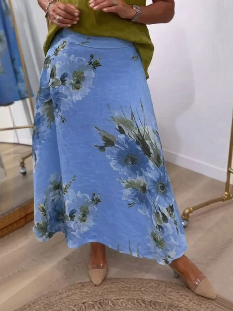 Women's Printed High-waisted Casual Loose A-line Cotton And Linen Skirt socialshop