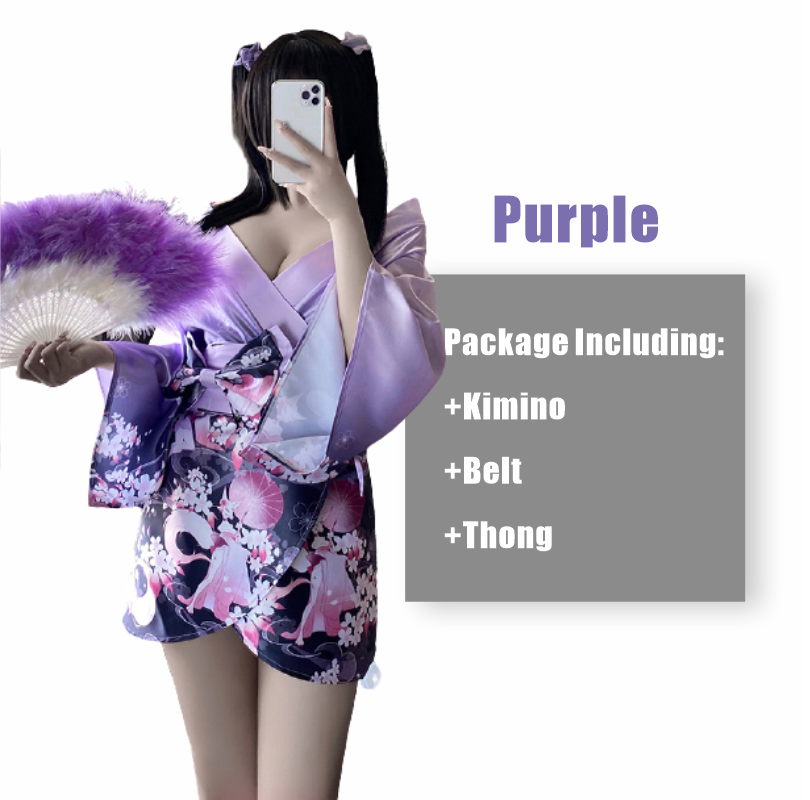 3Pcs Japanese Kimono Women Sexy Cosplay Uniform Soft Silk Bow Belt Purple Pink Traditional Style Costumes Pajamas Perspective