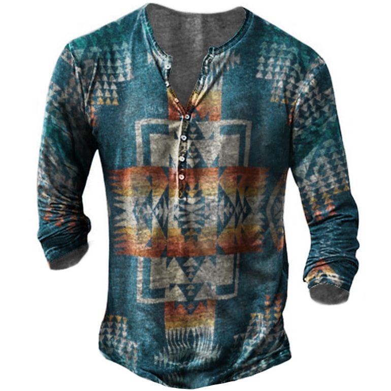 Men's Western Aztec Print Long Sleeve Henley Collar T-Shirt-Compassnice®